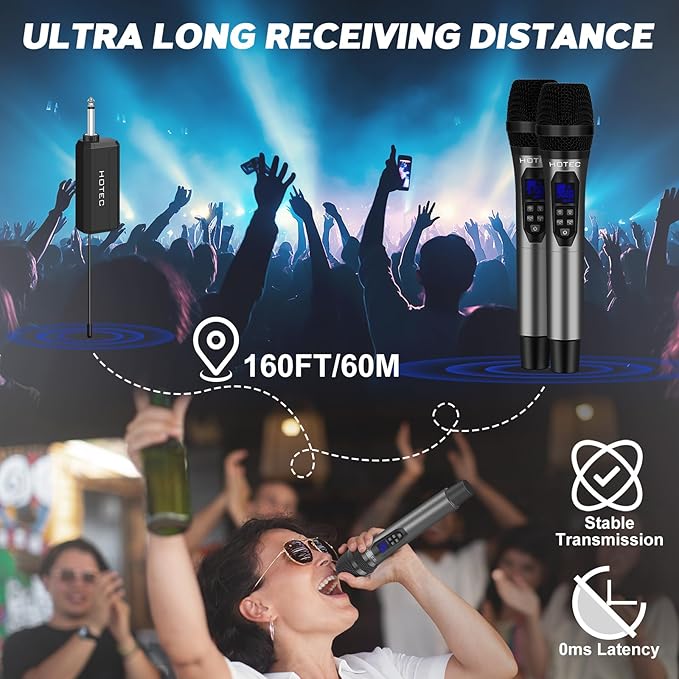 HOTEC Wireless Microphones Dual UHF Handheld Mic System with Echo/Volume Control, Rechargeable Receiver for Karaoke Church Wedding Party Speech, Compatible PA System, Karaoke Machine, and Mixer-BubblyBeeBaby