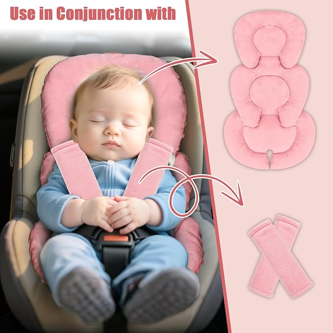 GFU Infant Car Seat Insert Head and Body Support, Reversible Newborn Insert for Carseat with Strap Pads, Soft Stroller Cushion Pillow Insert for Boys and Girls, Fits for Stroller, Swing, Red-BubblyBeeBaby