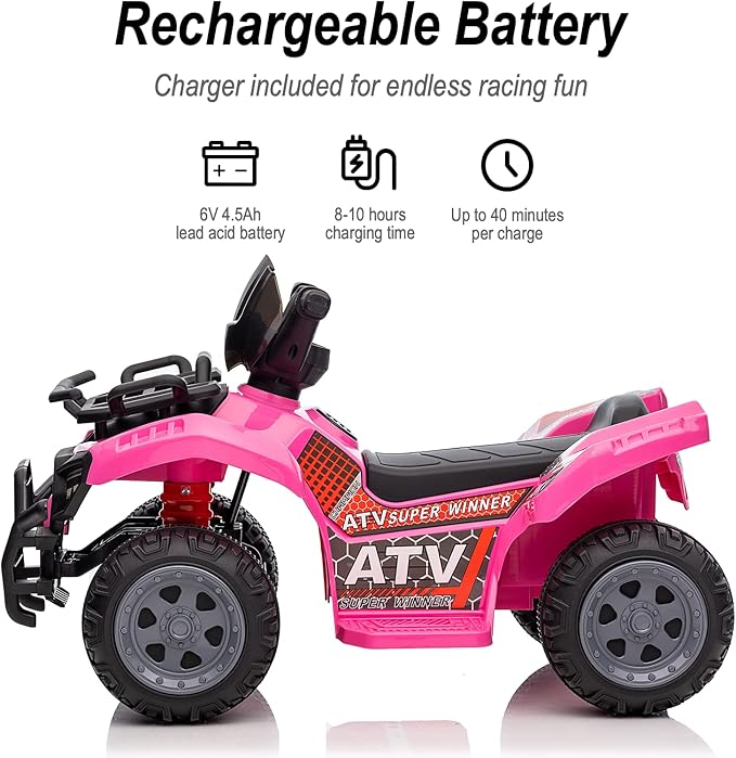 Kids ATV 4 Wheeler, 6V Ride-On Toy for Toddlers Boys & Girls with Music, Forward & Reverse - Rose Pink-BubblyBeeBaby
