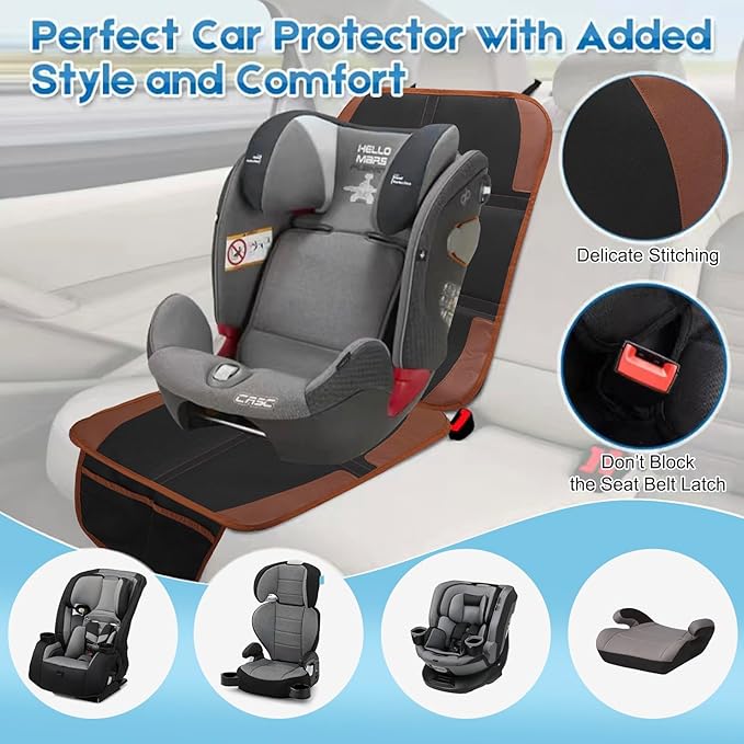 Car Seat Protector for Child, 2 Pack With Mesh Pockets & Non-Slip Backing 600D Durable Under Baby Seat Cover for Back Seat (Dark Brown, Standard)-BubblyBeeBaby