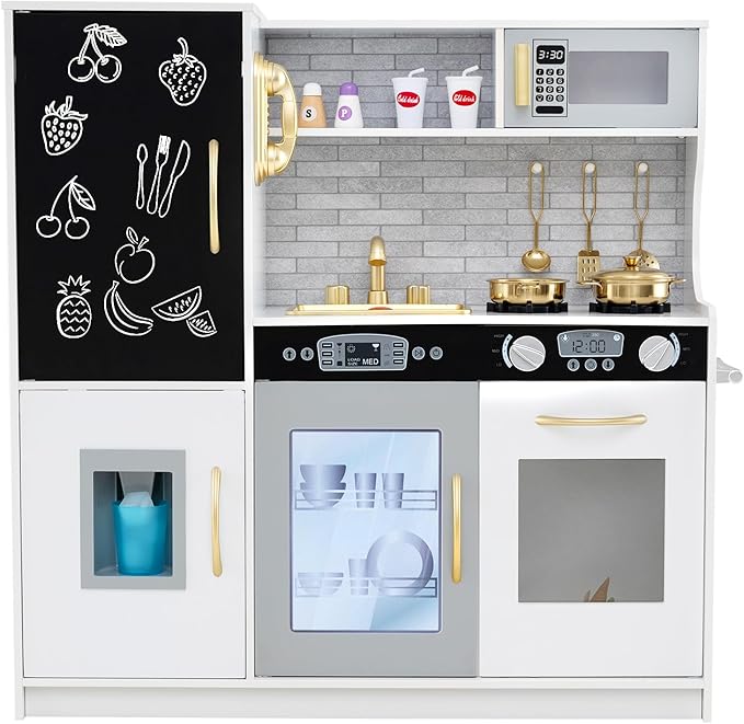 HONEY JOY Kids Kitchen Playset, Wooden Little Chef Pretend Toy Kitchen Set w/Chalkboard, Telephone, Utensils, Oven, Microwave, Sink, Storage, Play Kitchen for Toddlers Boys Girls, White Golden-BubblyBeeBaby