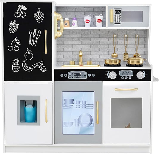 HONEY JOY Kids Kitchen Playset, Wooden Little Chef Pretend Toy Kitchen Set w/Chalkboard, Telephone, Utensils, Oven, Microwave, Sink, Storage, Play Kitchen for Toddlers Boys Girls, White Golden-BubblyBeeBaby