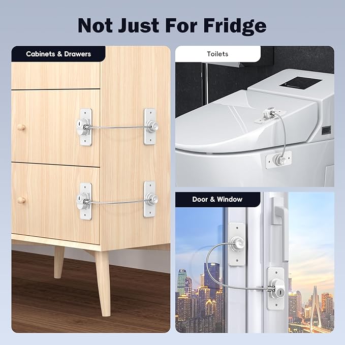 2 Pack Refrigerator Door Lock with Adhesive, No Tools Required, Child Proof Fridge Door Lock for Kids and Pets, Self Adhesive Latch for Freezer, Cabinets, Drawers, Air Oven, Windows (Patent)-BubblyBeeBaby