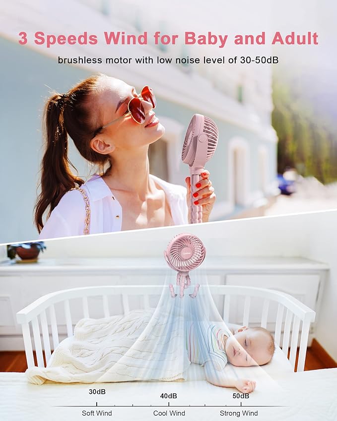Stroller Fan Clip on for Baby, 4000mAh Rechargeable Battery Operated, Flexible Tripod, 3 Wind Speed, 360° Rotatable, Small Portable Fan for Car Seat Crib Backseat Beach Travel Camping, Pink-BubblyBeeBaby