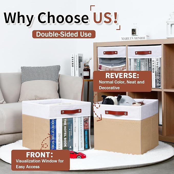 HNZIGE Fabirc Storage Cube Bins 13x13x15 Storage Cube Bins, 4 Pack Foldable Decorative Clear Cube Storage Bins for Cube Organizer Canvas Cubby Storage Organizer Bins for Shelves Pantry- White Beige-BubblyBeeBaby