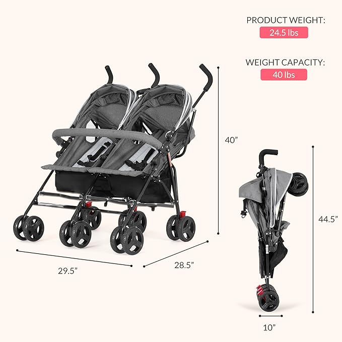 Dream On Me Volgo Twin Umbrella Stroller in Gray, Lightweight Double Stroller for Infant & Toddler, Compact Easy Fold, Large Storage Basket, Large and Adjustable Canopy-BubblyBeeBaby