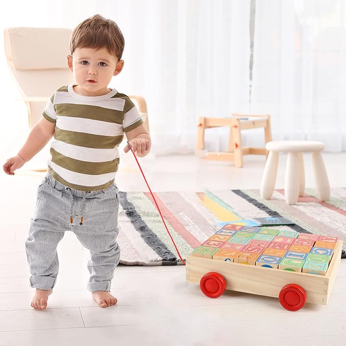 Joqutoys Wooden Building Blocks for Toddlers 1-3, Large Wood Baby Stacking Blocks Set for Kids, 30 PCS Alphabet Blocks with Toy Wagon, Educational Wooden Toys for Boys Girls Gifts 1.65"-BubblyBeeBaby