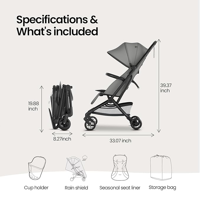 Mompush Velo Lightweight Travel Stroller – One-Hand Fold, Ultra-Compact & Airplane Friendly, Lie-Flat Recline Seat (from Birth to 50 lbs), Includes Cup Holder, Shoulder Strap, and Leather Bumper Bar-BubblyBeeBaby