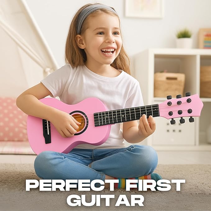 23" Acoustic Guitar, Kids 6 String Toy Guitar - Realistic Steel Strings - Beginner Practice First Musical Instrument for Children, Toddlers (Pink)-BubblyBeeBaby