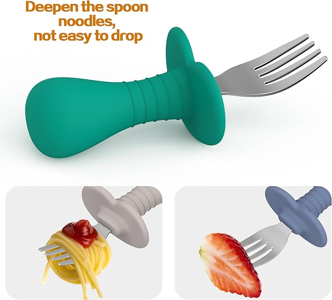 2 Pcs Baby Forks Toddler Forks for Self Feeding, Kids Forks with Silicone Round Handle, Stainless Steel Toddler Utensils Children Safe Silverware Set, Anti-Choke Design, BPA Free-BubblyBeeBaby