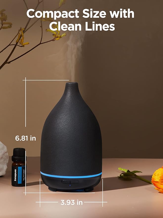 InnoGear Oil Diffuser, 150ML Ceramic Diffuser for Essential Oils Handcrafted Aromatherapy Diffuser Ultrasonic Cool Mist Humidifier with 2 Mist Modes Waterless Auto Off for Room Office, Black-BubblyBeeBaby