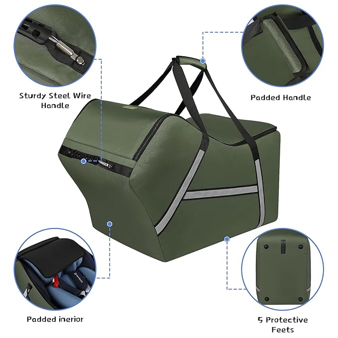 Infant Car Seat Travel Bag for Airplane Compatible with All Nuna Pipa Car Seat and Base,Chicco KeyFit 30 and Base, Padded Car Seat Bags for Air Travel,Car Seat Gate Check Bag with Side Pocket, Green-BubblyBeeBaby