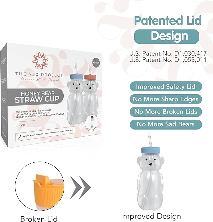 Honey Bear Straw Cup for Babies, 2-Pack Honey Bear Bottle with Travel Lid, Therapy Learning Honeybear Straw Cup, Baby Bottle Set, 8 oz, Blueberry Pie & Firetruck-BubblyBeeBaby