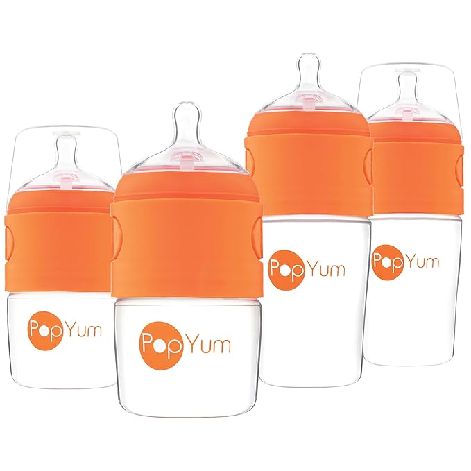 PopYum Orange Formula Making Baby Bottle Starter Set, 4-Pack, 2X 5oz Bottles with #1 Slow Flow Nipples + 2X 9oz Bottles with #2 Medium Flow Nipples-BubblyBeeBaby
