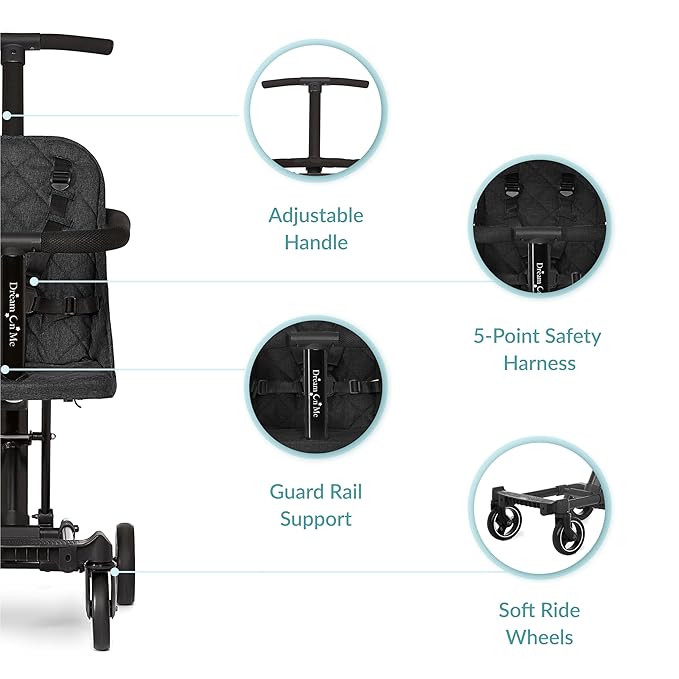 Dream On Me Lightweight and Compact Coast Rider Stroller with One Hand Easy Fold, Adjustable Handles and Soft Ride Wheels, Black-BubblyBeeBaby