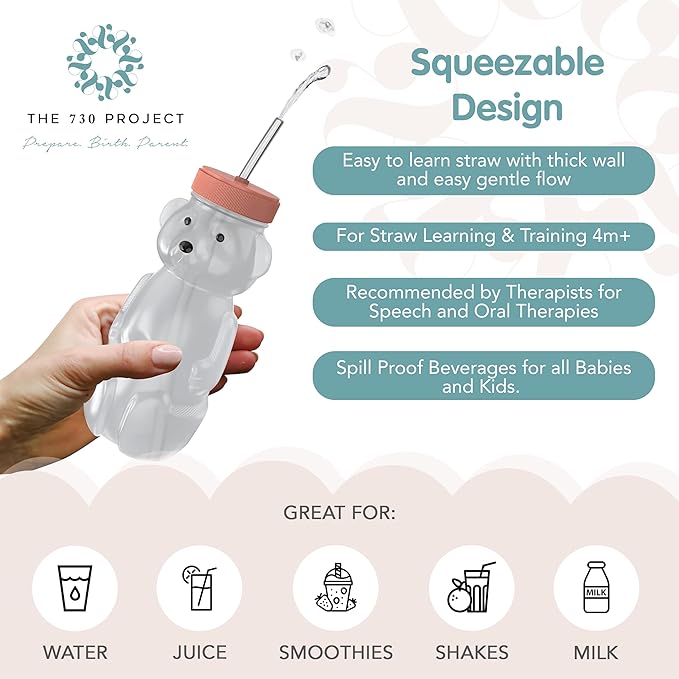 Honey Bear Straw Cup for Babies, 8oz Honey BearCup with Bottle Brush, 2-Pack Improved Lid Therapy Learning Honeybear Straw Cup for Baby Blueberry Pie & Firetruck-BubblyBeeBaby
