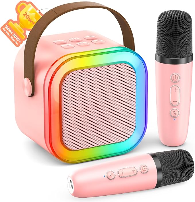 Karaoke Machine for Kids Adults, Portable Bluetooth Mini Karaoke Microphone Singing Speaker with 2 Mic and Light,Toys for All Smartphones,Birthday, Family,Home Party (Pink)-BubblyBeeBaby