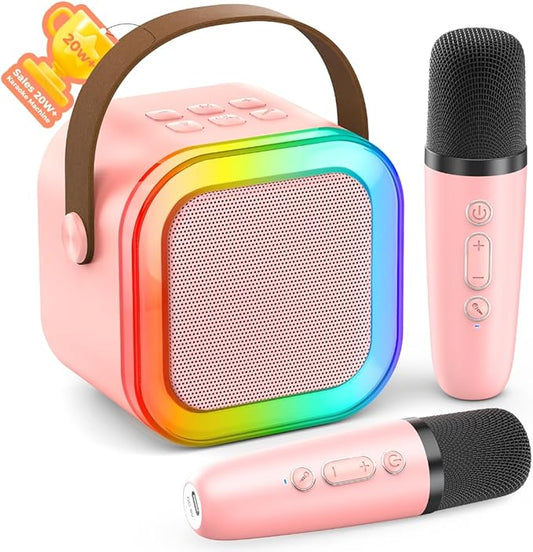 Karaoke Machine for Kids Adults, Portable Bluetooth Mini Karaoke Microphone Singing Speaker with 2 Mic and Light,Toys for All Smartphones,Birthday, Family,Home Party (Pink)-BubblyBeeBaby