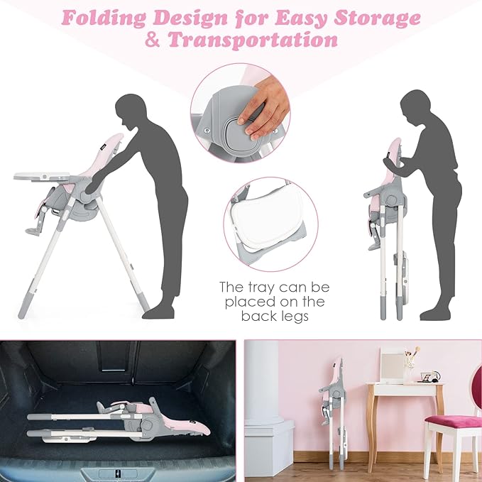 INFANS High Chair for Babies & Toddlers, Foldable Highchair with Multiple Adjustable Backrest, Footrest and Seat Height, Removable Tray, Detachable PU Leather Cushion, Built-in Rear Wheels (Pink)-BubblyBeeBaby