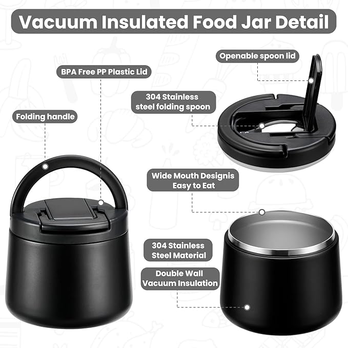 14oz Insulated Vacuum Food Jar with Buckle Lid,Soup Thermo for Hot Food Kids,Wide Mouth Leakproof Stainless Steel Lunch Container with Spoon-Black-BubblyBeeBaby