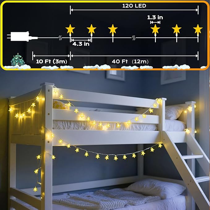 120 LED 40FT Star String Lights, 8 Modes Plug in Star Lights with Timer & Memory, Indoor Outdoor Christmas Twinkle Light for Birthday Party Bedroom Wedding Home Classrom Decor Warm White-BubblyBeeBaby