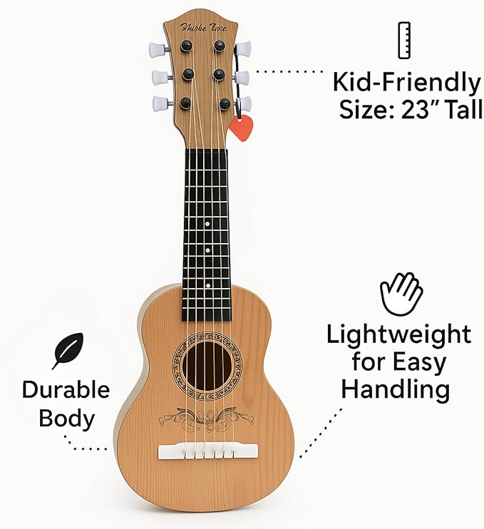 23" Acoustic Guitar, Kids 6 String Toy Guitar - Realistic Steel Strings - Beginner Practice First Musical Instrument for Children, Toddlers (Natural)-BubblyBeeBaby