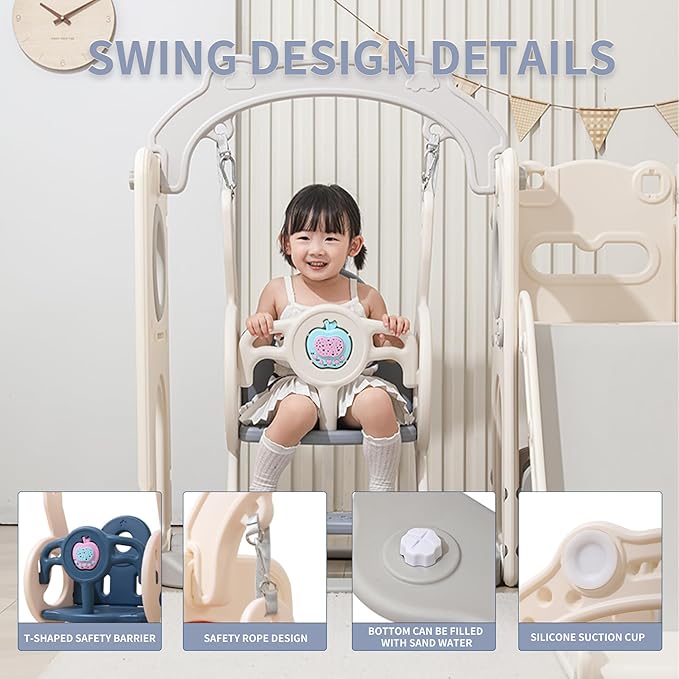 12 in 1 Toddler Outdoor Playset with Swing, Indoor Swing and Slide Set Playground for Toddlers 1-3, Durable Climber Basketball Hoop Ball Toddler Indoor Playset for Home Playground-White Grey-BubblyBeeBaby