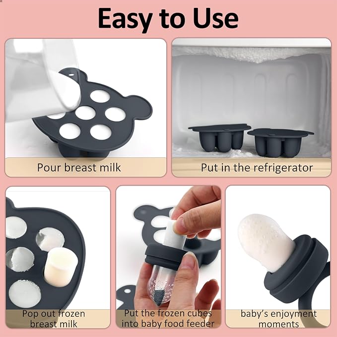 JEXFUN Silicone Baby Food Feeders + Freezer Tray for Batch Prep, Introduce New Foods Safely, Double as Silicone Teething Toys, BPA Free Silicone Feeder for Safe Infant Self Feeding - (Dark Grey)-BubblyBeeBaby