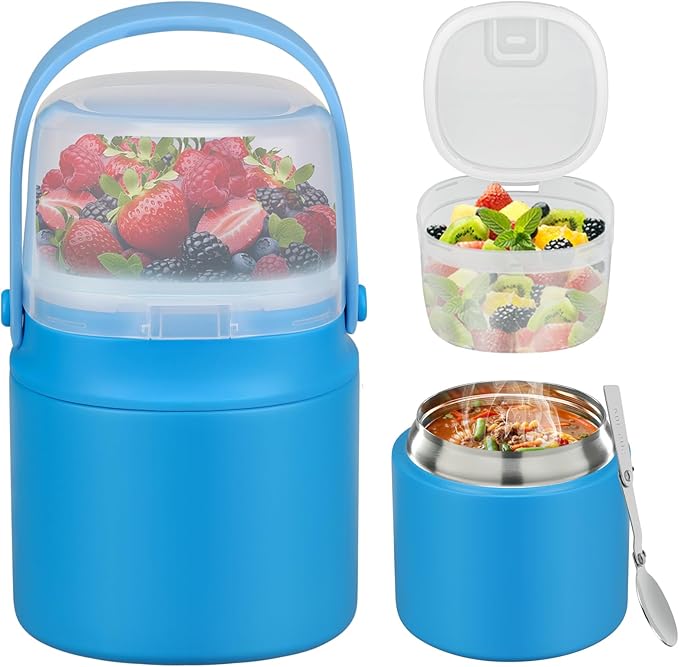 2 - in - 1 Soup Thermo for Hot Food 14oz with Snack Box Container Leak Proof Insulated Lunch Container Kids and Adults Stainless Steel Double Wall Vacuum Wide-mouth Thermal with Spoon and Handle-BubblyBeeBaby