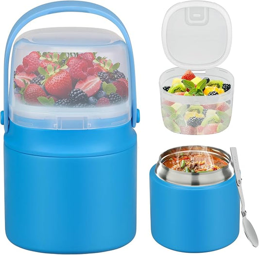 2 - in - 1 Soup Thermo for Hot Food 14oz with Snack Box Container Leak Proof Insulated Lunch Container Kids and Adults Stainless Steel Double Wall Vacuum Wide-mouth Thermal with Spoon and Handle-BubblyBeeBaby