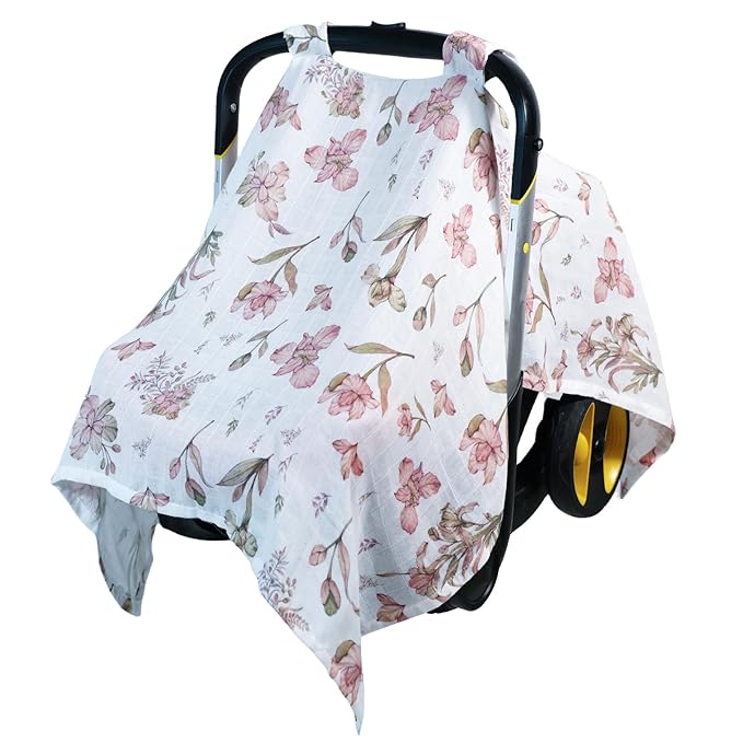 80S Muslin Car Seat Cover for Babies - Soft & Breathable Infant Carrier Canopy, Lightweight Sunshade for Summer, Universal Fit for Baby Boys & Girls-BubblyBeeBaby