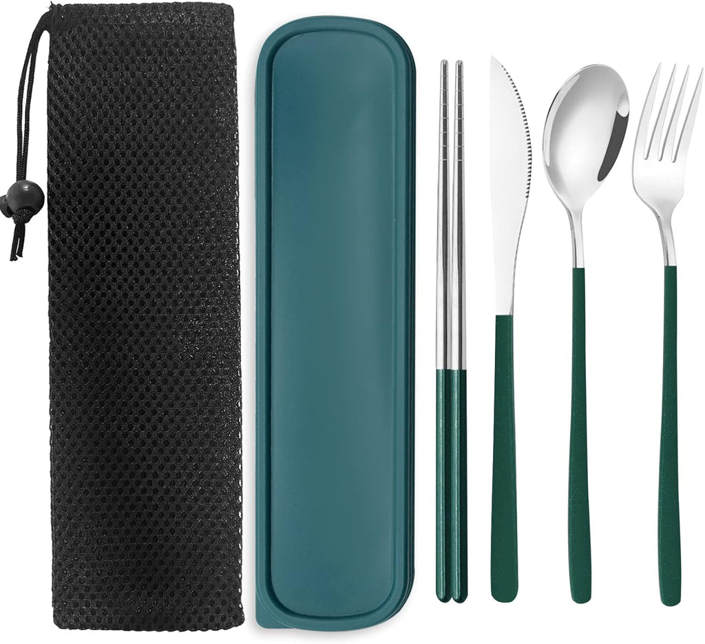 Portable Travel Camping Cutlery Set, TWUTGAYW Silver Green Reusable Flatware Silverware, Stainless Steel Cutlery Set, Portable Chopsticks Knife Spoons Forks Set for Camping Picnic Lunch Daily Use