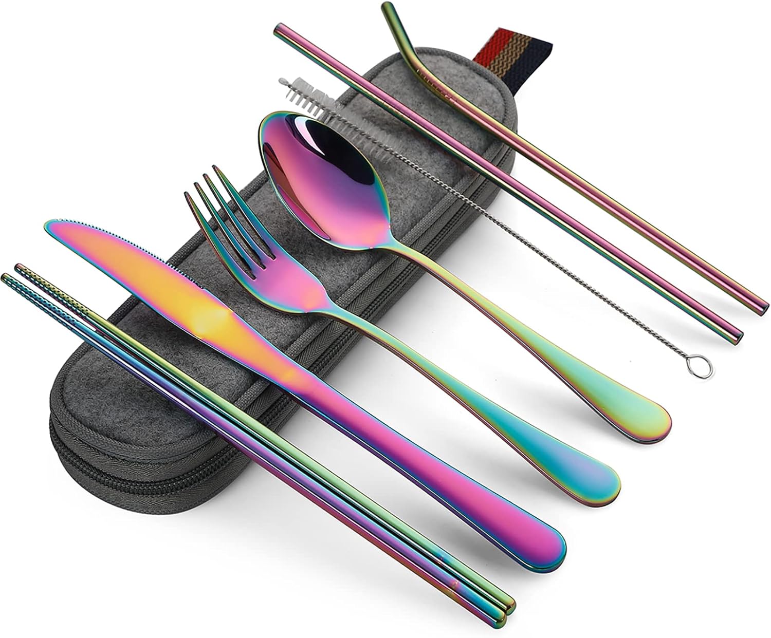 DEVICO Portable Utensils, Travel Camping Cutlery Set, 8-Piece including Knife Fork Spoon Chopsticks Cleaning Brush Straws Portable Case, Stainless Steel Flatware set (Rainbow)
