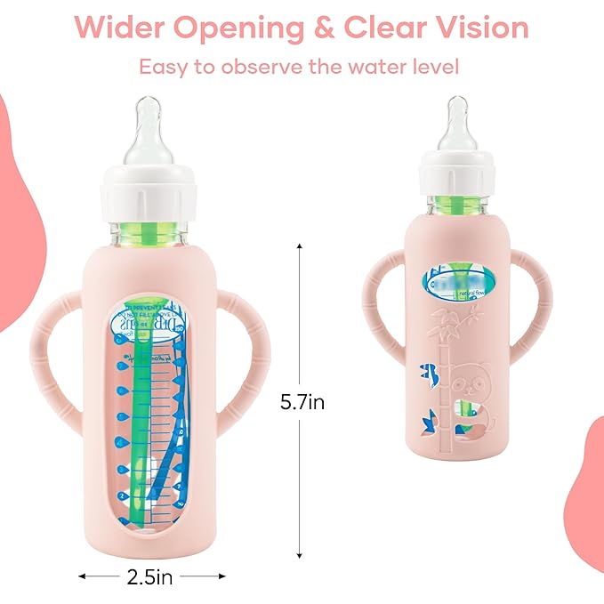 2 Pack Silicone Sleeves for Dr. Brown's Glass Baby Bottles, Anti Breakage Durable Baby Bottle Holder with Easy Grip Handles, Narrow Sleeve with a Cutout, Dishwasher/Freezer/Microwave Safe, 8 oz-BubblyBeeBaby