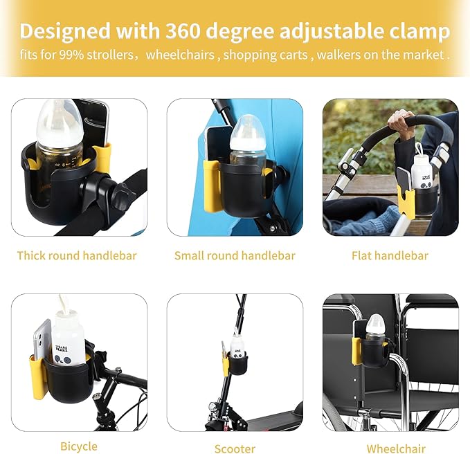 Accmor Stroller Cup Holder with Phone Holder, Bike Cup Holder, Universal Cup Holder for Uppababy Nuna Doona Strollers, 2-in-1 Cup Phone Holder for Stroller, Bike, Wheelchair, Walker, Scooter-BubblyBeeBaby