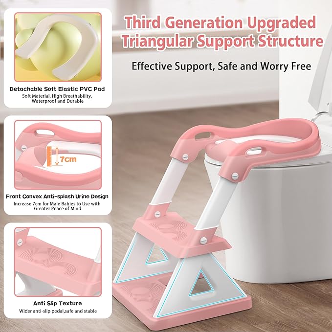 2 in 1 Potty Training Toilet Seat & Toddler Step Stool, Bottom Triangle Stability Toddler Toilet Seat, Adjustable Step & Seat Height Potty Seats for Toddlers Boys Girls (Pink)-BubblyBeeBaby