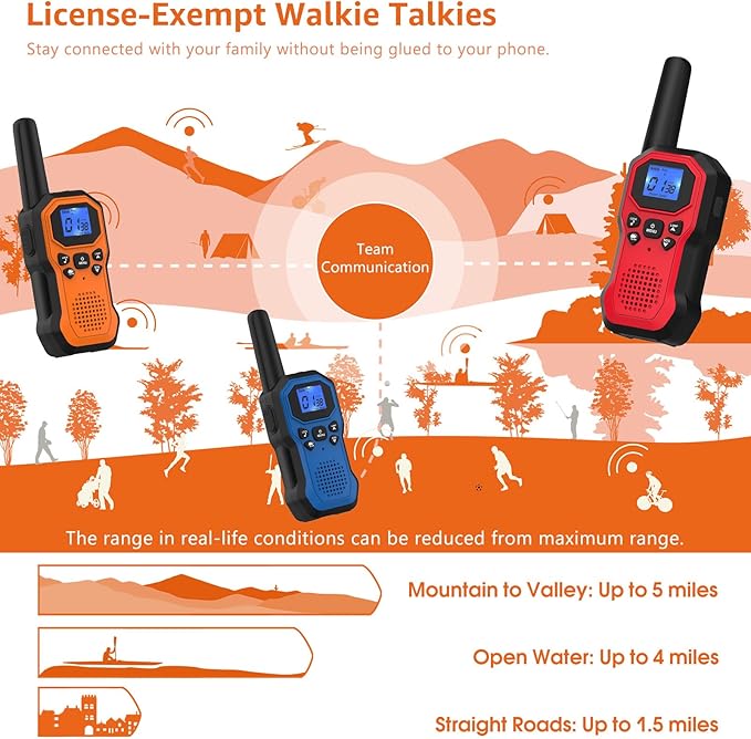 2 Way Radios for Adults Long Range Walkie Talkies for Kids Rechargeable 4 Pack, Camping Hiking Skiing Cruising Gear with Lamp, USB-C, SOS Siren, NOAA Alert, iVOX Hands-Free, One-Touch Pairing-BubblyBeeBaby