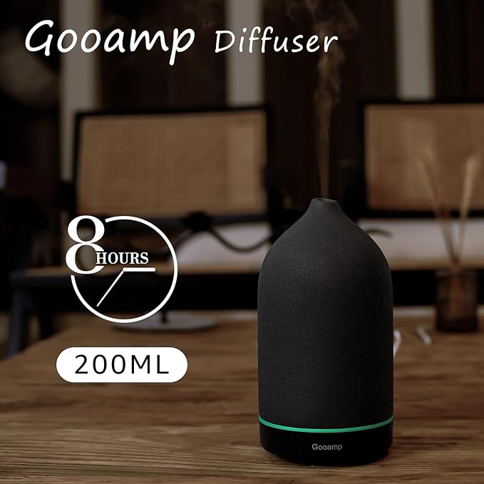 200ML Ceramic Essential Oil Diffuser - Ultrasonic Aromatherapy & Humidifier with 7-Color LED Lights, Auto Shut-Off, Black, 1H/3H/6H Timer | Scent for Home, Office, Yoga-BubblyBeeBaby