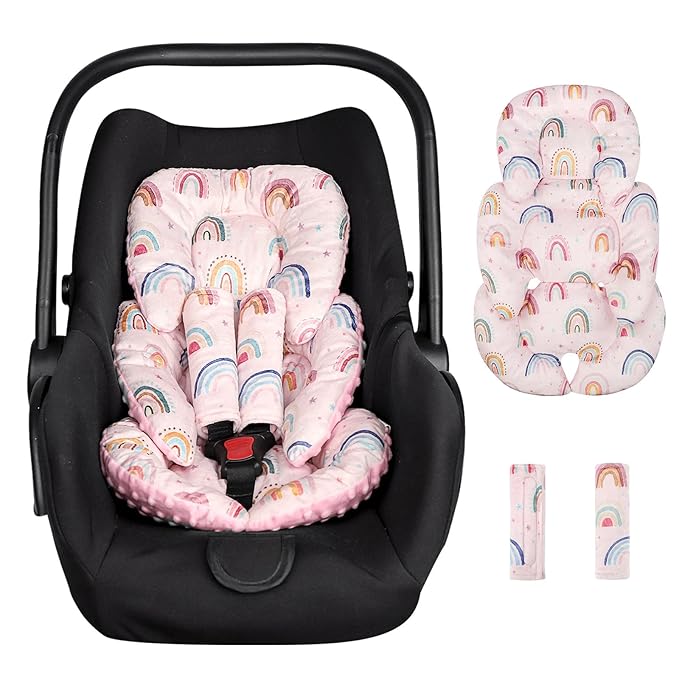 Infant Car Seat Insert, Car Seat Head Support Baby Girls Boys, Soft & Reversible Newborn Carseat Insert Cushion with 2 Strap Covers, for Stroller, Swing, Bouncer (Pink Rainbow)-BubblyBeeBaby