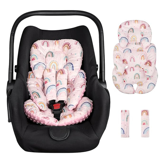 Infant Car Seat Insert, Car Seat Head Support Baby Girls Boys, Soft & Reversible Newborn Carseat Insert Cushion with 2 Strap Covers, for Stroller, Swing, Bouncer (Pink Rainbow)-BubblyBeeBaby