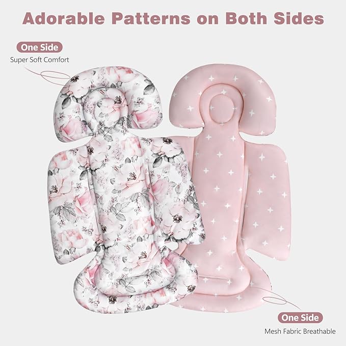 [Upgraded] Infant Car Seat Insert & Newborn Head Support, 3 Strap Covers + Reversible 2-in-1 Design – All Seasons Baby Car Seat Cushion for Stroller, Swing, Rocker, Bassinets-BubblyBeeBaby