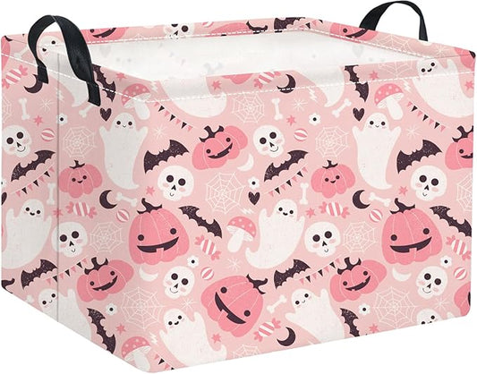 HIYAGON Rectangular Halloween Basket for Boys and Girls Kids Trick or Treat Pumpkin Basket for Halloween Parties Cute Storage Bin Organizer Box Room Decor(Pink ghost pumpkin)-BubblyBeeBaby