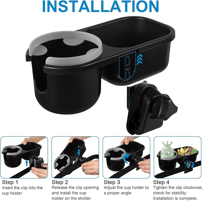 Accmor Stroller Cup Holder with Tray, Universal Cup Holder, Bike Bottle Holder, 360° Rotatable Large Caliber Drinks Holder for Stroller, Bike, Wheelchair, Walker-BubblyBeeBaby
