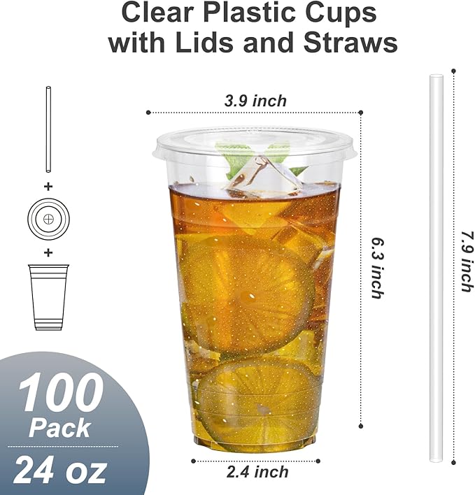 100 Pack - 24 oz Clear Plastic Cups with Lids and Straws, Sturdy & Food Safe Iced Coffee Cups with lids, Disposable Plastic Smoothie Cups for Cold Drinks-BubblyBeeBaby