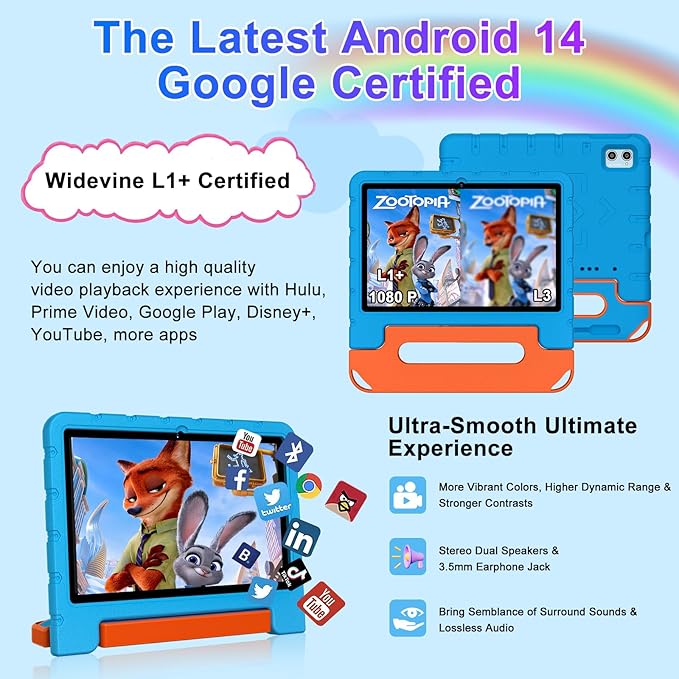 2025 Kids Tablet 10 inch Android 14 Tablets for Kid Octa-Core, 20GB+128GB (TF 1TB), Toddler Tablet with Shockproof Case, 2.4G+5G WiFi 6, Parental Control, Face Unlocked, Split Screen, BT5.0 (Blue)-BubblyBeeBaby