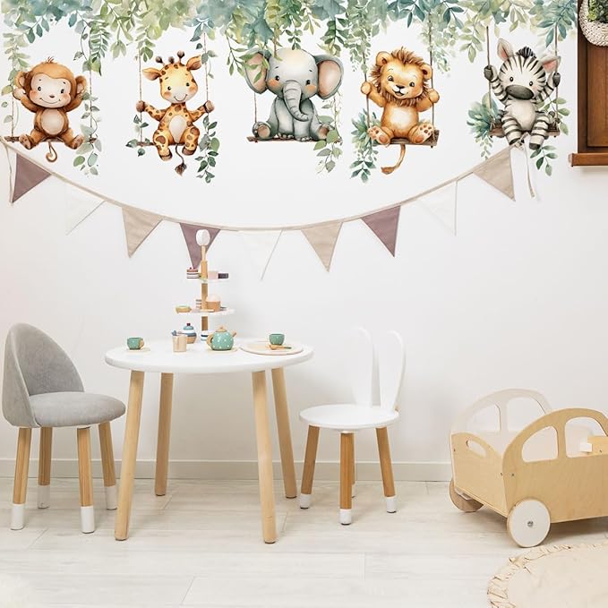 Jungle Animal Wall Decals,Jungle Animals Monkey Elephants, Lions, Zebras, Giraffes Vine Leaves Wall Stickers,Zoo Sticker for Kids Baby Boys Room Nursery Bedroom Playroom Home Decoration.-BubblyBeeBaby