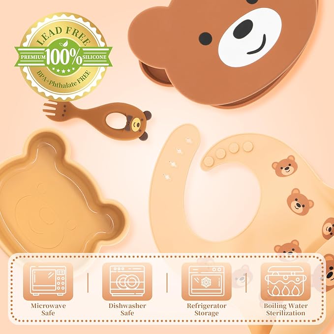 Silicone Baby Feeding Set 7 Pcs, Baby Led Weaning Supplies, Baby Feeding Supplies Set BPA Free, Baby Essentials for Newborn Gift Bear-BubblyBeeBaby