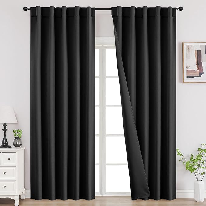 Joydeco Black Blackout Curtains 84 Inch Length 2 Panels Set, Thermal Insulated Privacy Curtains for Bedroom, Room Darkening Drapes for Living Room Window (W52 x L84 Inch, Black)-BubblyBeeBaby