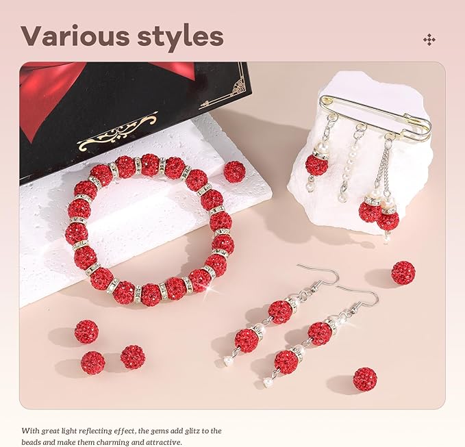 200pcs 10mm Rhinestone Beads for Jewelry Making, Red Shiny Round Disco Ball Beads Bulk, Sparkle Crystal Clay Christmas for Bracelet Baseball Necklace Earring Crafting and DIY-BubblyBeeBaby