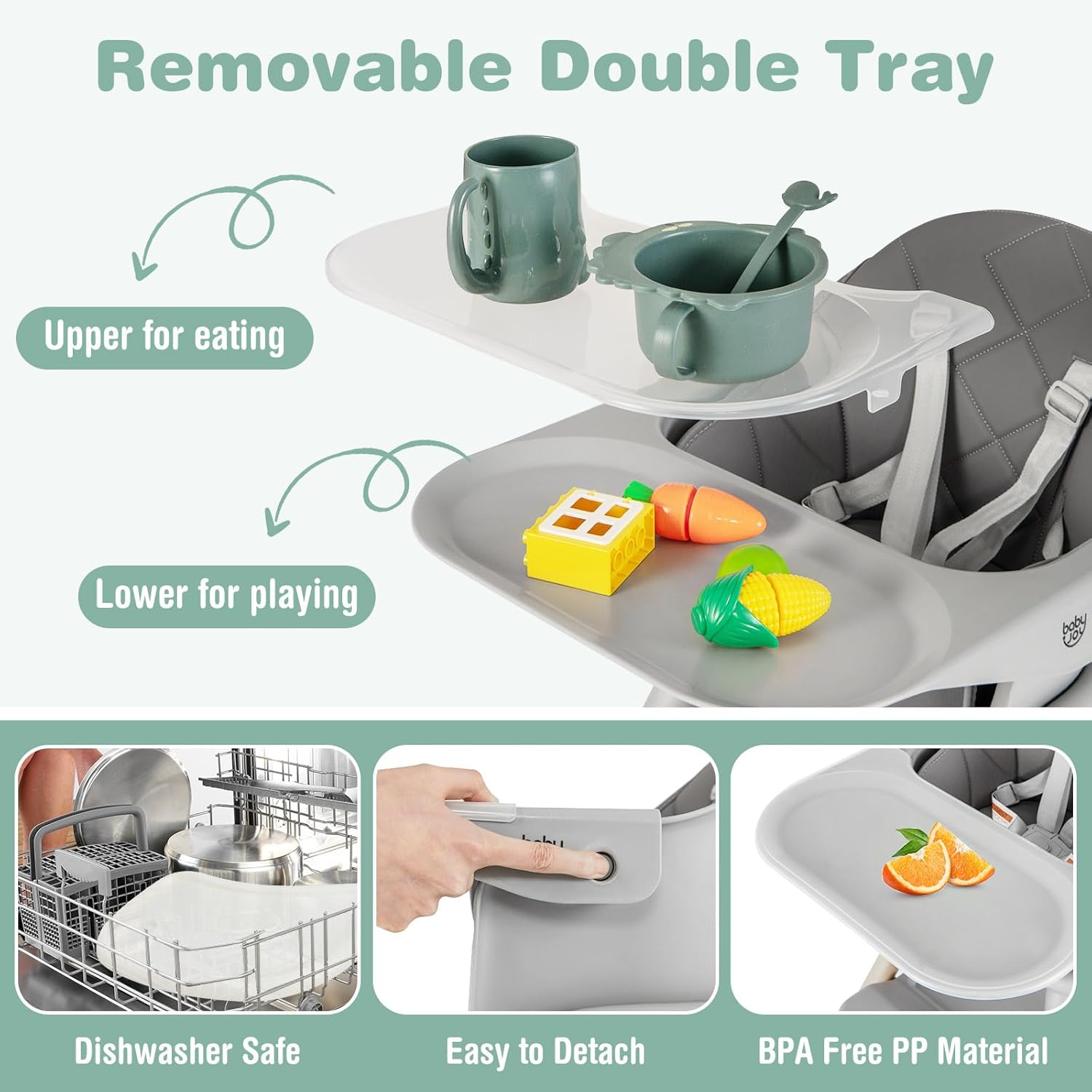 BABY JOY Baby High Chair, 6 in 1 Convertible Wooden Highchair for Babies & Toddlers with Adjustable Legs, Removable Double Tray, Safety Harness & Waterproof PU Cushion (Gray)